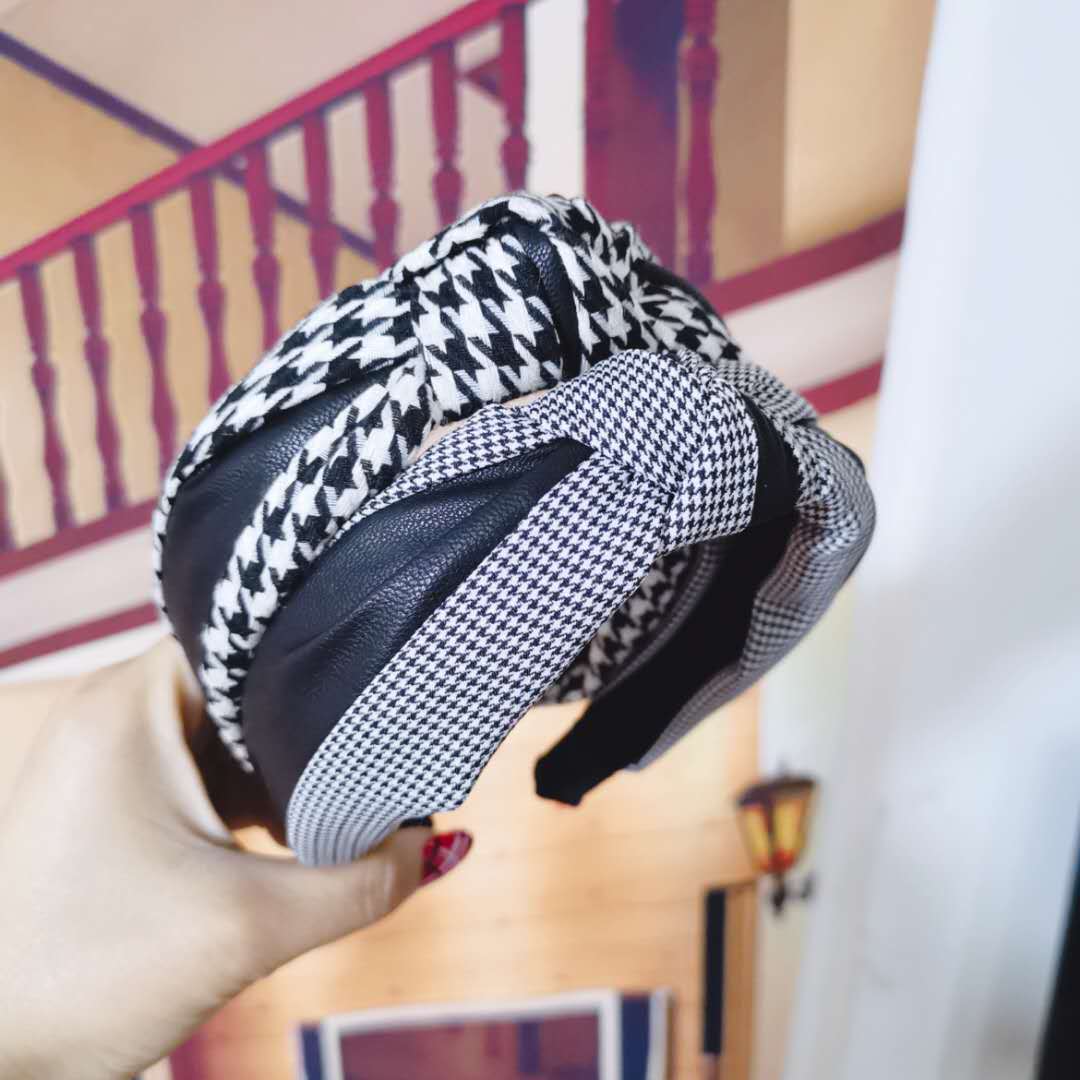 Wholesale Wide-brimmed Houndstooth Leather Knotted Headband